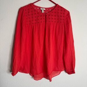 J. Crew red cotton boho embroidered blouse shirt size 6